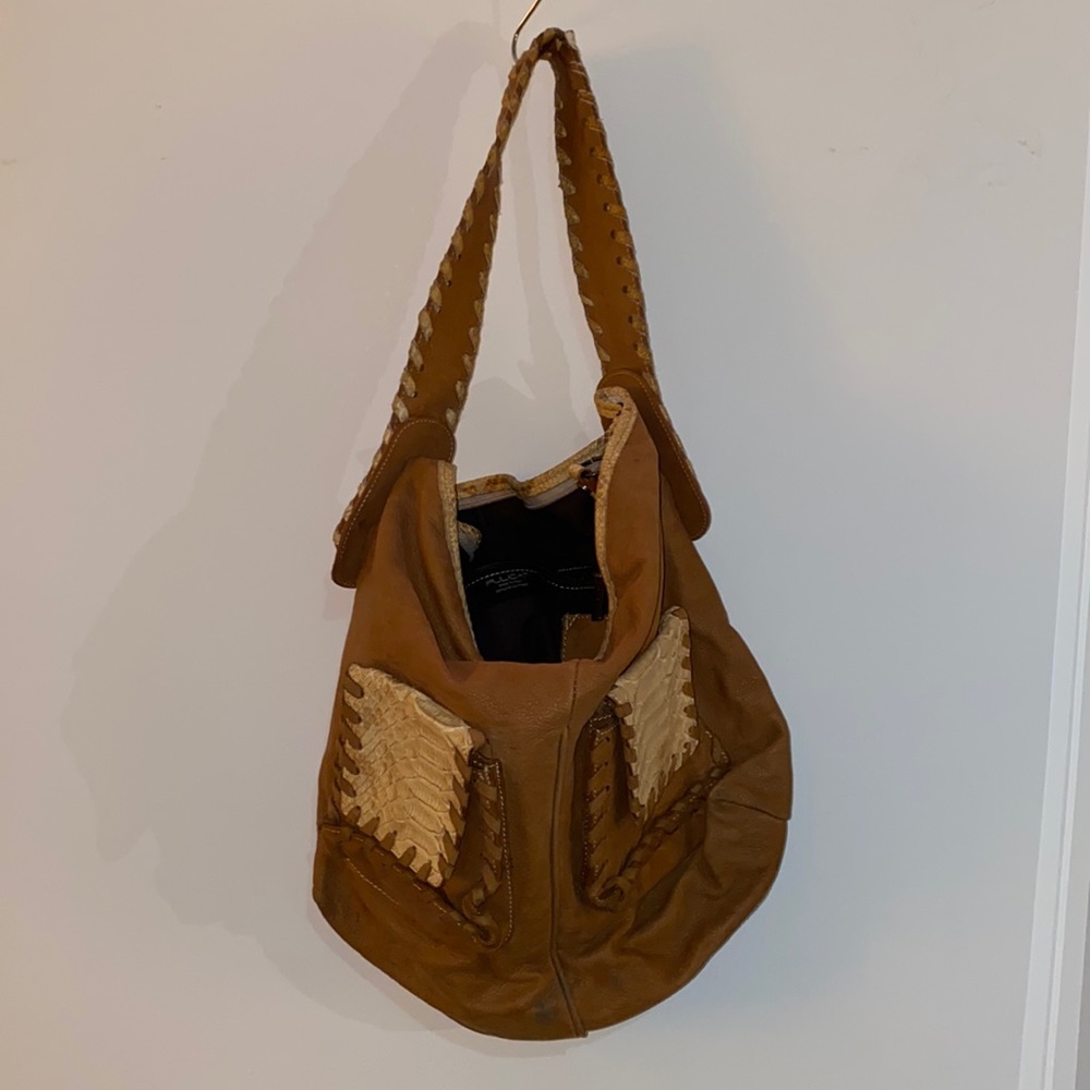 Beautiful soft tan leather and snake and crocodile skin leather bag from Italy